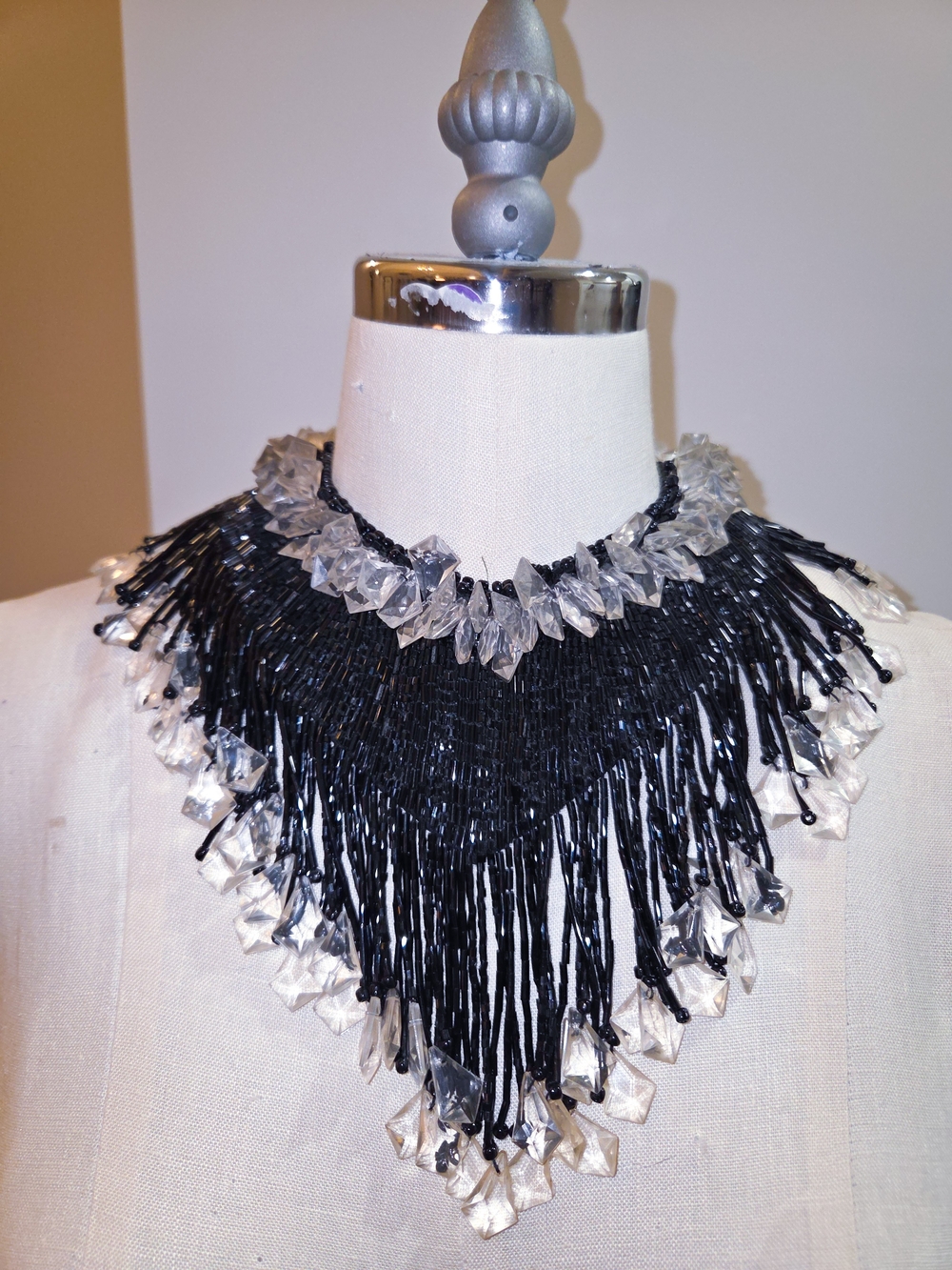 VERY RARE. Vintage Handcrafted Black Fringe Necklace with Clear Crystal Drops